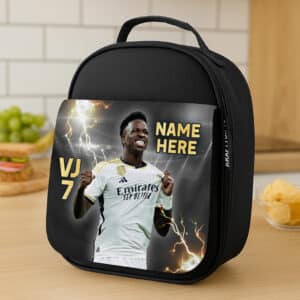 Personalised Vinicius Real Madrid Football Black School Lunch Bag LU32